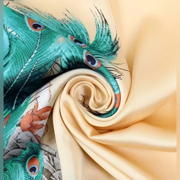 Flowy Flattering Peacock Print Maxi Silk-Poly Blend Maxi w/ Marching Scarf (Set) - Picture 3 of 4